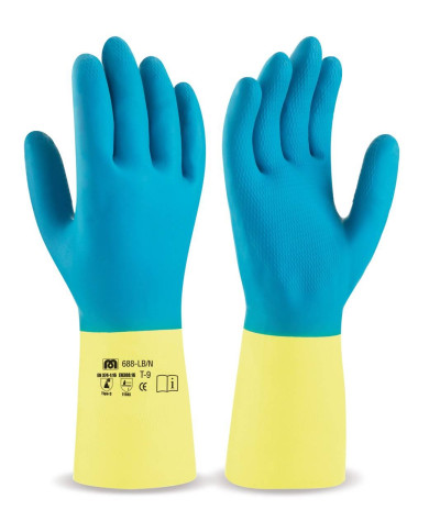 Guante de látex azul/amarillo con refuerzo de neopreno para riesgos mecánicos, químicos y microorganismos MARCA