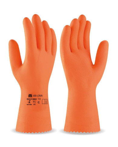 Guante tipo industrial de látex naranja para riesgos mecánicos, químicos y microorganismos MARCA