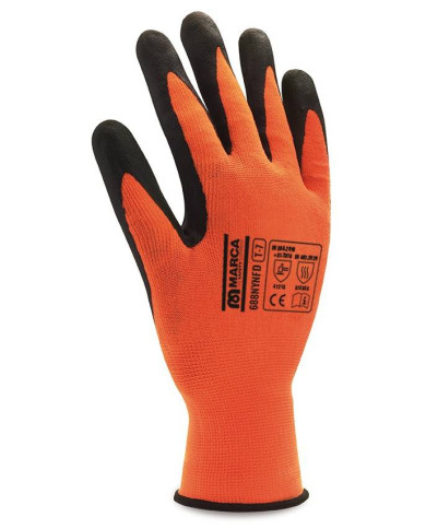 Guante de poliamida y licra naranja recubierto de espuma de nitrilo negro con puntos MARCA