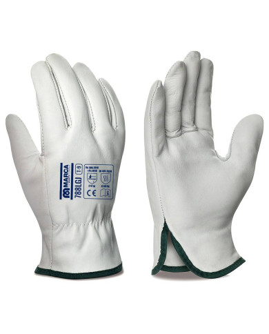Guante tipo conductor de piel flor vacuno color natural con ribete. EMBLISTADO MARCA