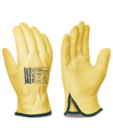 Guante tipo conductor de piel flor vacuno amarillo con ribete MARCA