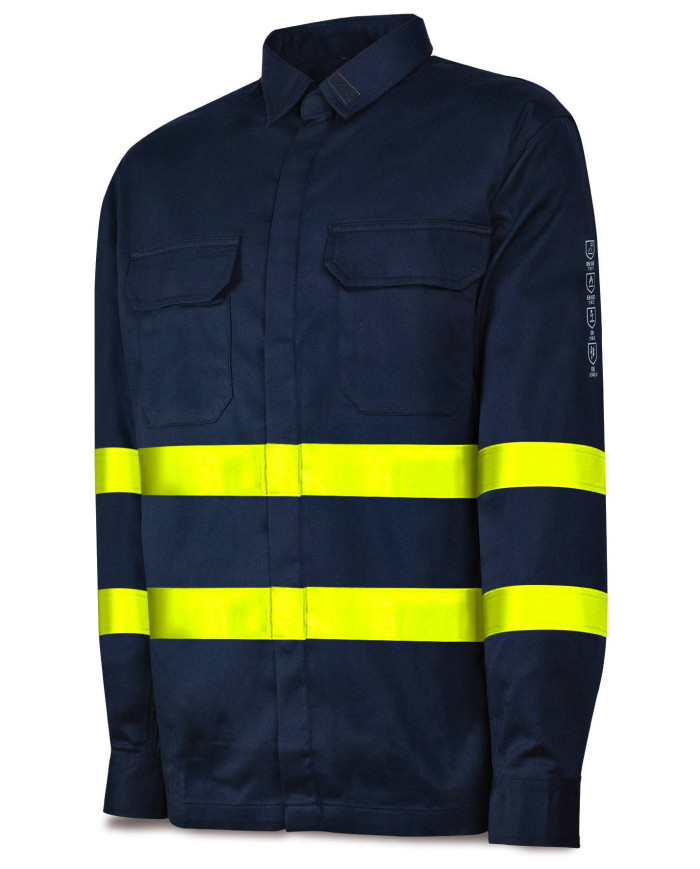 Camisa IGNÍFUGA y ANTIESTÁTICA multinorma con cintas reflectantes. Algodón 220 gr MARCA